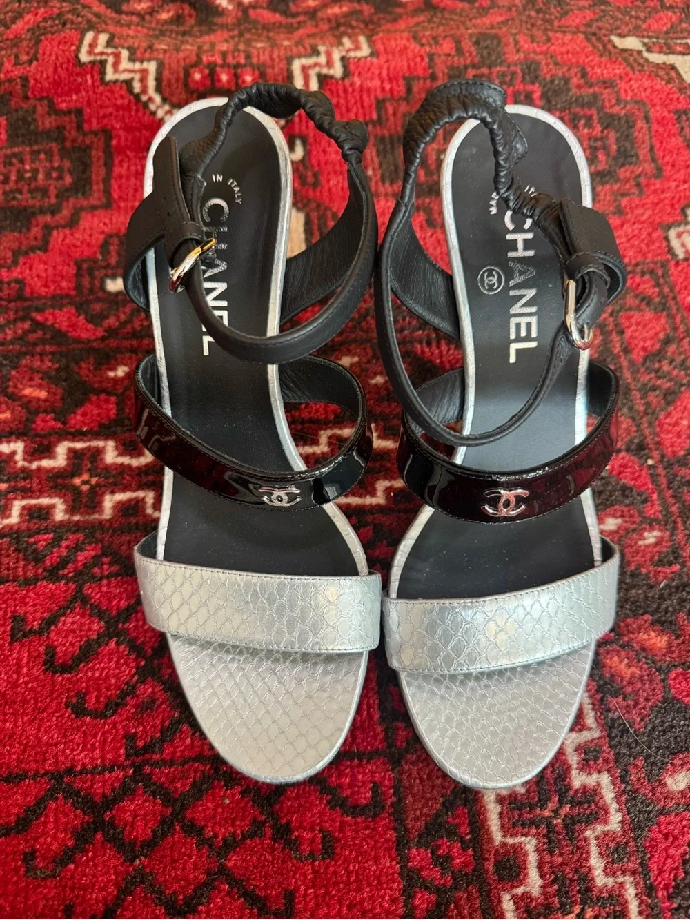 Chanel Silver Black Logo Heels 39
